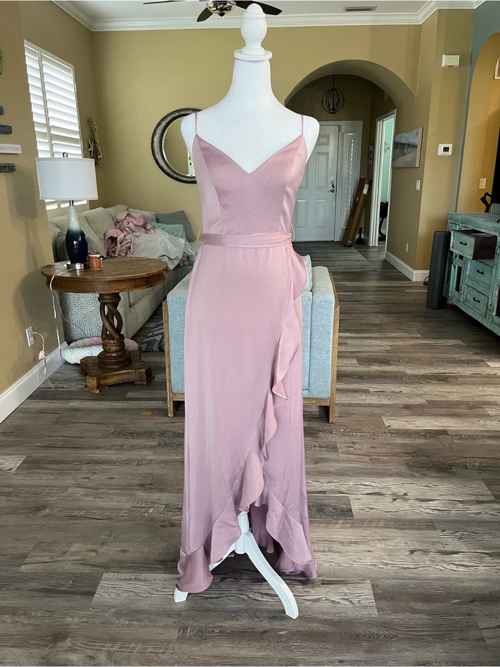 Blush Pink Spaghetti-Strap Ruffle Wrap Wedding Dress
